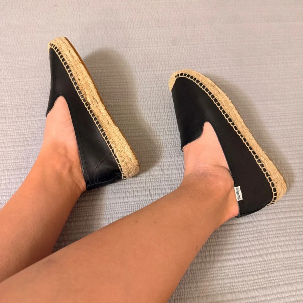 Soludos Women's Black Leather Smoking Slipper Espadrille Flats Size 8 EU 38.5